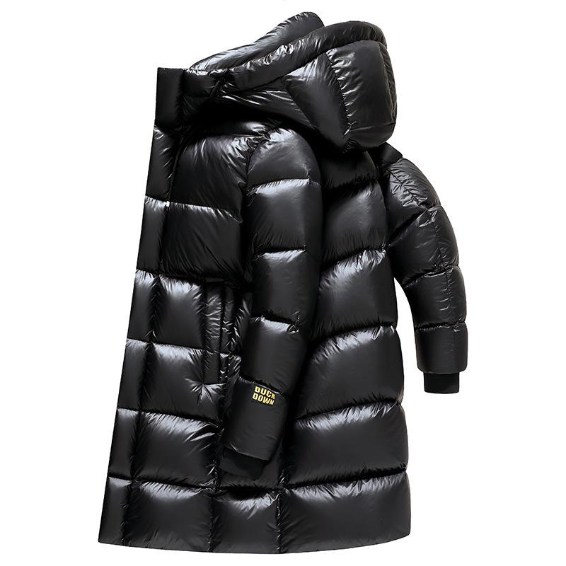 Men's and Women's Black and Gold Hooded Long Down Jacket - Thickened for Cold Protection