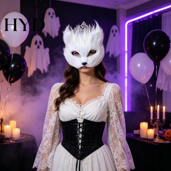 Lightweight Cosplay Animal Mask Long Fur White Fox Half Face Mask, Halloween Masquerade Comfortable Elegant Fairy for Ancient Style Photoshoot