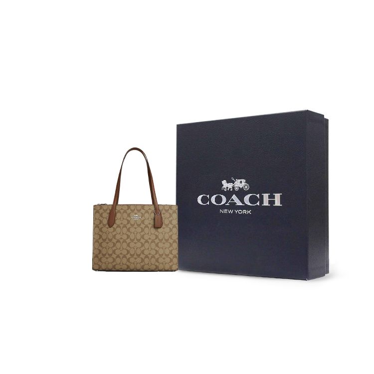 Coach Classic Monogram Multifunctional Pocket Magnetic Closure Canvas And Leather Tote Bag Women Tote Light-Brown CL399-SVBDX