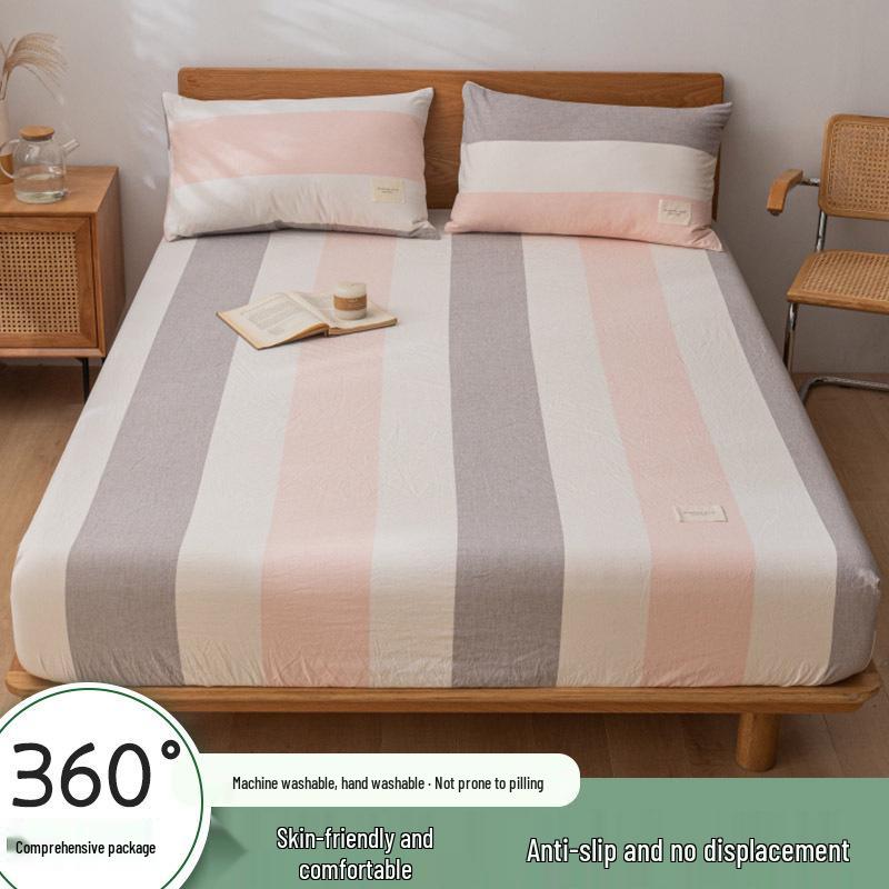 Muji-Style Washed Cotton Fitted Sheet Set - Non-Slip, Single Piece, Mattress Protector