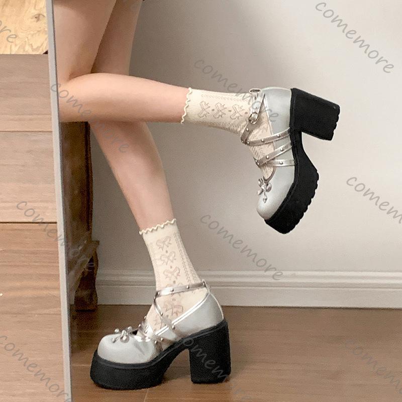 Fashion Comemore Temperament Black Silver Shallow Mouth Thick Heeled Pumps for Women Spring Autumn Platform Mary Jane Heeled Single Shoe