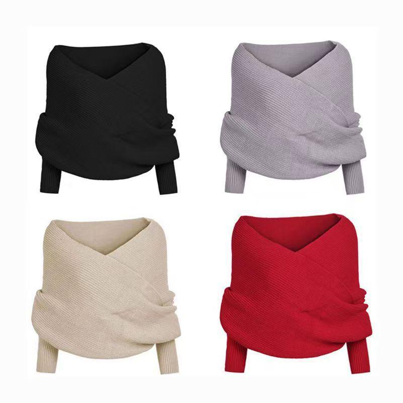 European & American Double Sleeve Off-the-Shoulder V-Neck Knit Scarf for Women
