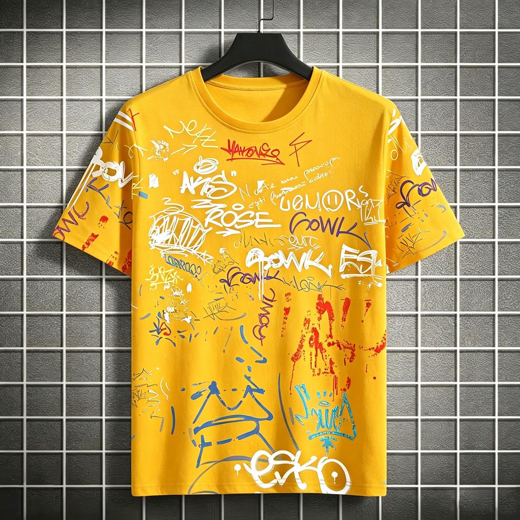 Colorful graffiti letter all-over print  crew neck short-sleeved T-shirt, skateboarding hip-hop casual short-sleeved shirt.