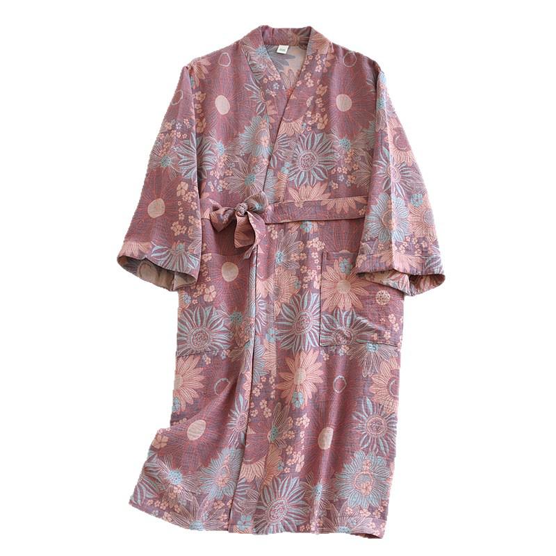 Men's Cotton Jacquard Long Sleeve Robe with Belt - Comfortable Couple Style Bathrobe.