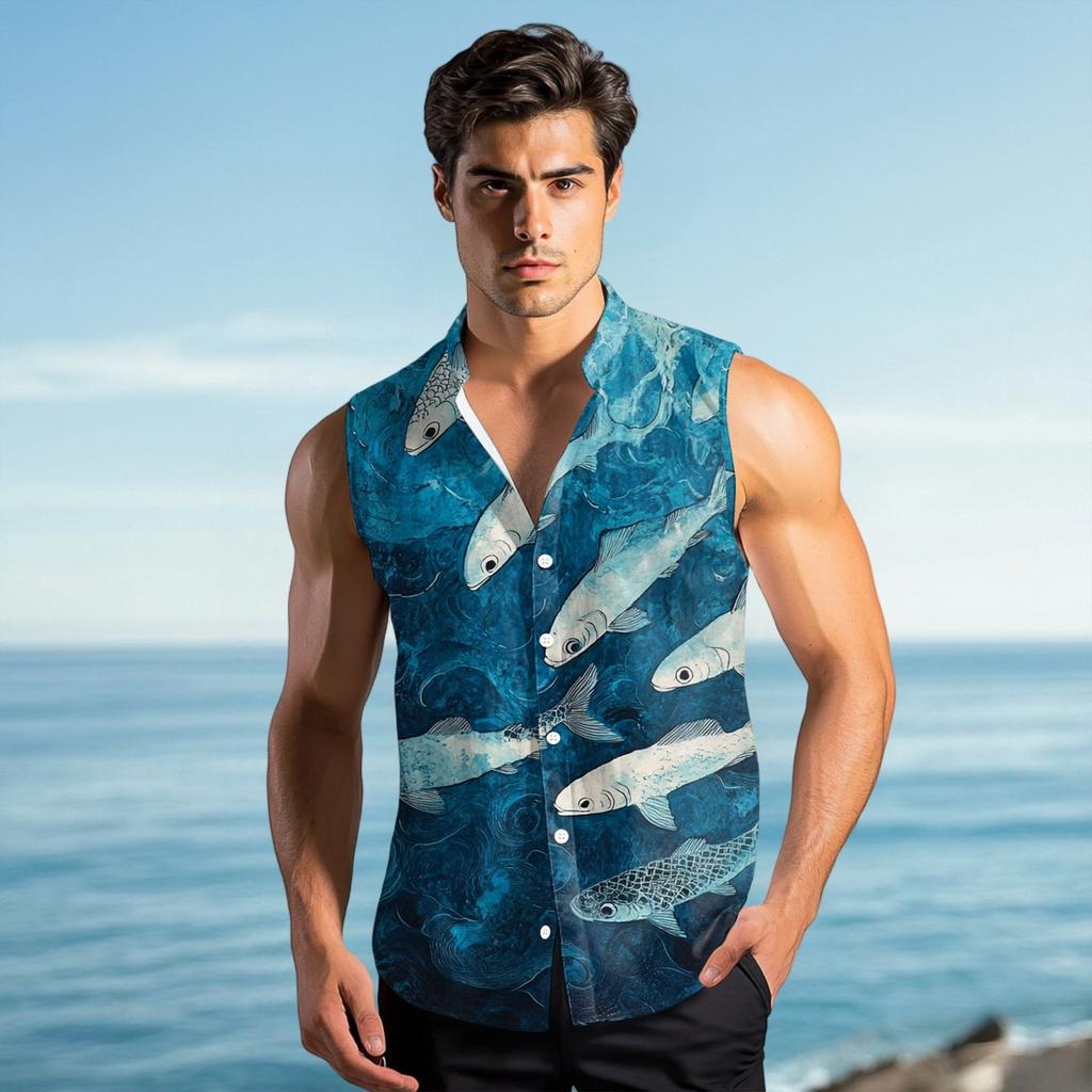 Men's Fashion Printed Sleeveless Lapel Button-Down Shirt Vest Top