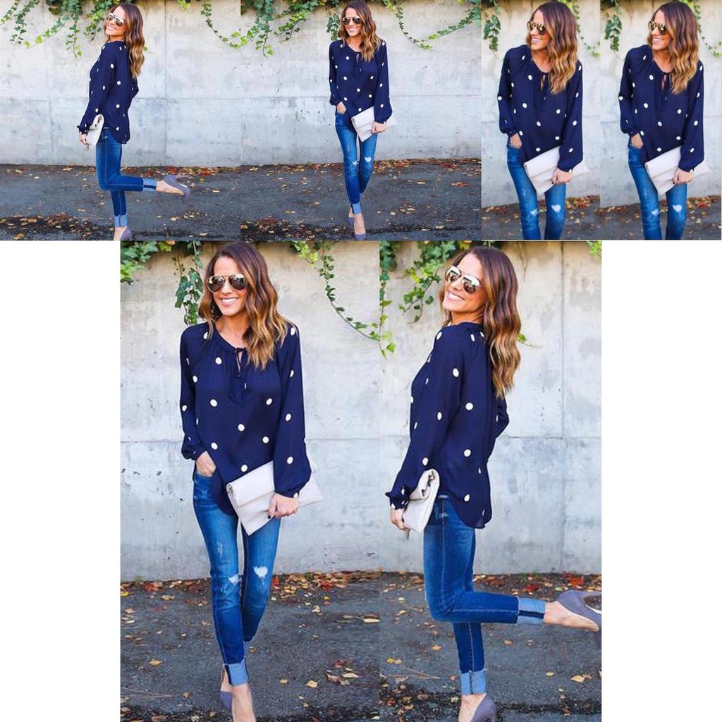 Premium Quality Woman O Neck Long Sleeve Casual Polka Dot Blue Blouse For Everyday Comfort