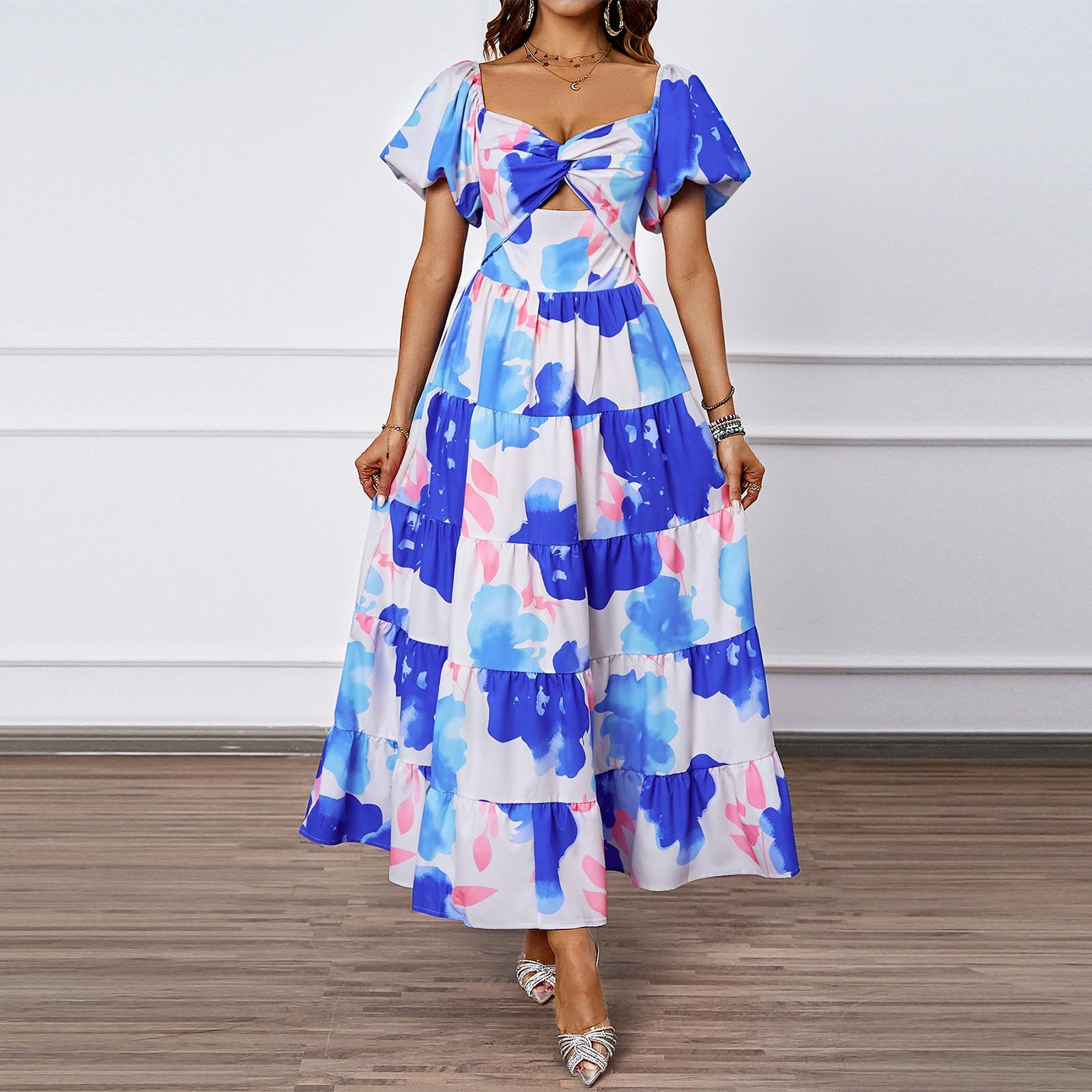 

Женское модное платье с V-образным вырезом, цветочным принтом, ажурным узором, короткими рукавами-буфами и темпераментом XL