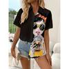 Summer 2025 Women Shirts Lapel Short Sleeve Abstract Cartoon Portrait Prints Blouses Fashion Casual Cute Cat Print Shirts Tops