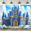 1 Piece of 2D Flat Banner - Prince Kingdom Castle Background Fabric - Sky Blue Brick Wall Design, Birthday Party