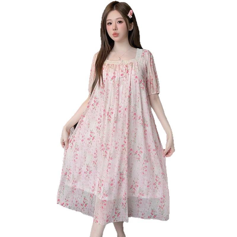 Linglei Summer Princess Style Mesh Short-Sleeved Nightdress Court Style Lace Japanese Printed Pajamas Loungewear Women