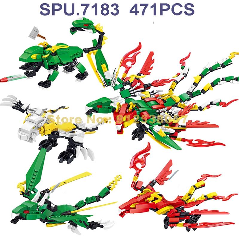 Ninja N/4/sets Ice Fire Gold Flame Lightning Flying Double Head Dragon Robot Mech Forge Building Blocks Toy