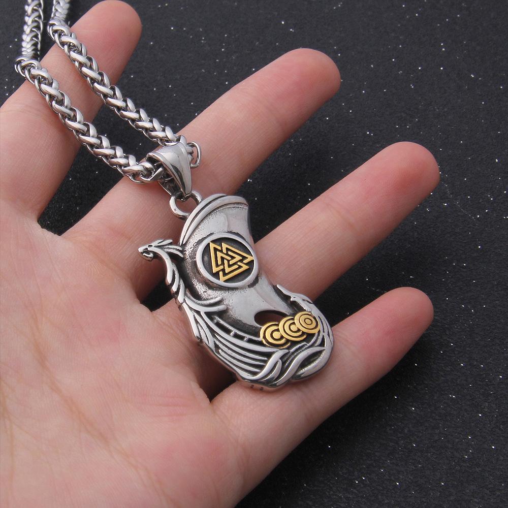 Viking Ship Valknut Pendant Necklace - Stainless Steel Nordic Jewelry for Men with Drakkar Design & Keel Chain, Medieval Gift Jewelry Silver/Gold