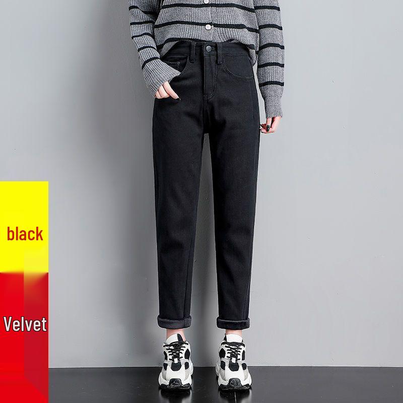 Women's Thickened Velvet Straight-Leg Jeans, Coffee Brown - Autumn/Winter 2025 Collection