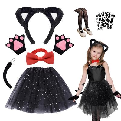 Buoniganuo Halloween Kostüm für Kinder, Schwarze Katze, 7-teiliges Set mit Katzenohren, Teufel, Hexe Kostüm und Spitzenstrumpfhosen für Mädchen, Perfekt für die Schule