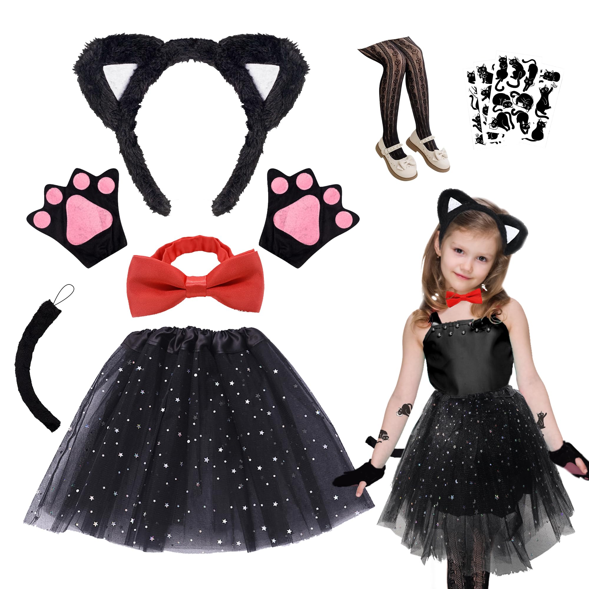 

Костюм на Хэллоуин Buoniganuo для детей, Черный кот, Набор из 7 предметов с кошачьими ушками, костюм Дьявола, костюм Ведьмы и кружевные колготки для девочек, Идеально подходит для школы
