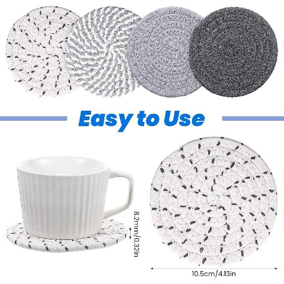 Boho Coasters for Drinks, Cute Woven Coasters 4.13in/10.5cm Minimalist Coaster Set of 4 for Coffee Cups Desk Kitchen Decor Tabletop as House Warming