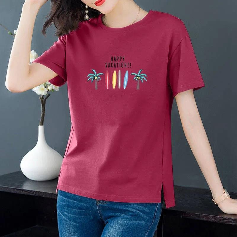 

Женская футболка с короткими рукавами размера плюс 150 кг, летняя свободная рубашка с тонким животом и принтом, топ для женщин 3XL темно-розовый