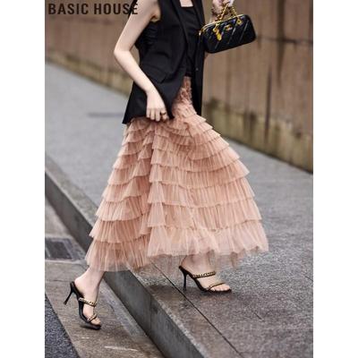 Basic House Damen High-Waist Netz Puffy A-Linien Rock