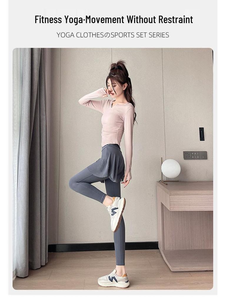 2024 Women's Professional Running Set: Long Sleeve Fitness Outfit with Skirt Pants for Morning Runs, Yoga, and Pilates.