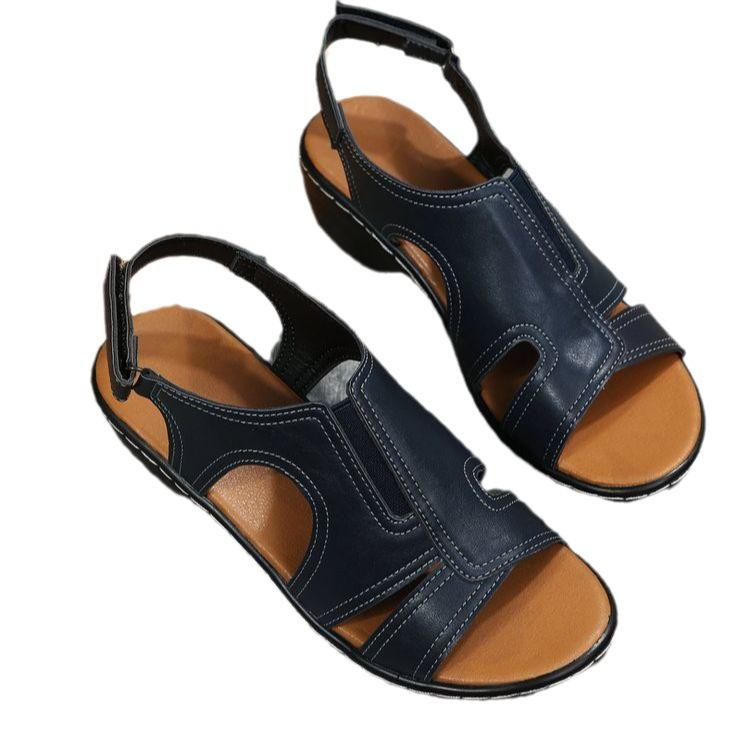 Large Size 2025 Summer European and American Sandals Women's Velcro Stitching Side Empty Open Toe Solid Color Leather Stitching Spot