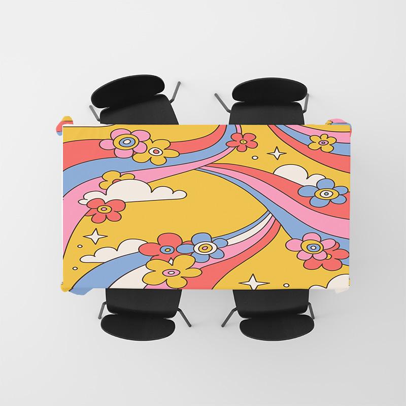 Vibrant Modern Tablecloth Set for Dining Room Decor with Abstract Floral Design Yellow Blue Pink Red Black White Colorful Printe