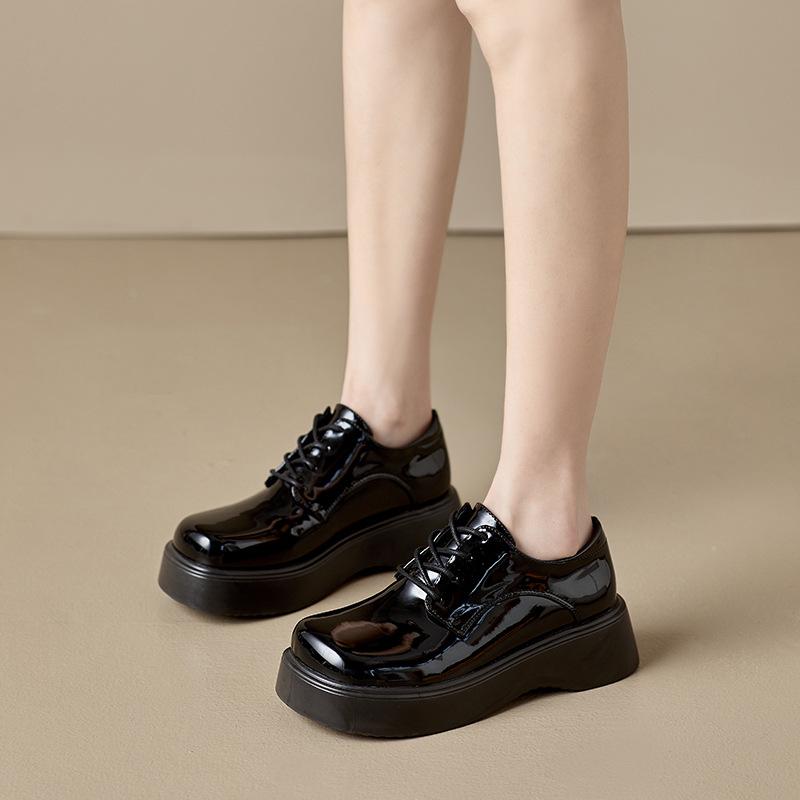 British Style Muffin  Women's Platform Autumn New Patent Leather Deep Mouth Lace-up Wedge Single Shoes  Shoes Casual HZB-323-1