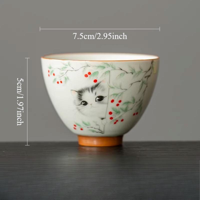Ruyao Cat Tea Cup Chinese Style Master's Cup Household High-end Tea Cup Ceramic Kung Fu Tea Set Drinking Utensils Teacups