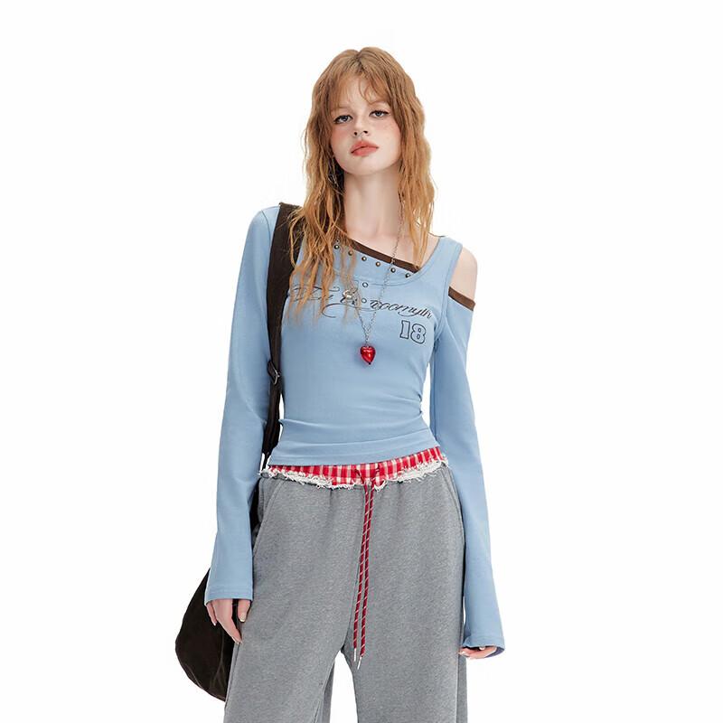 UNIFREE Retro American Layered Off-Shoulder T-Shirt L