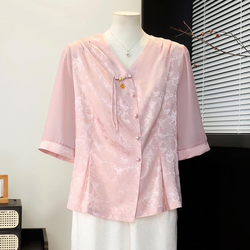 

Mother s Day Chinese Style Short Sleeve Top Set for Middle-Aged and Elderly Women - Summer Edition 4XL (130-145 jin)