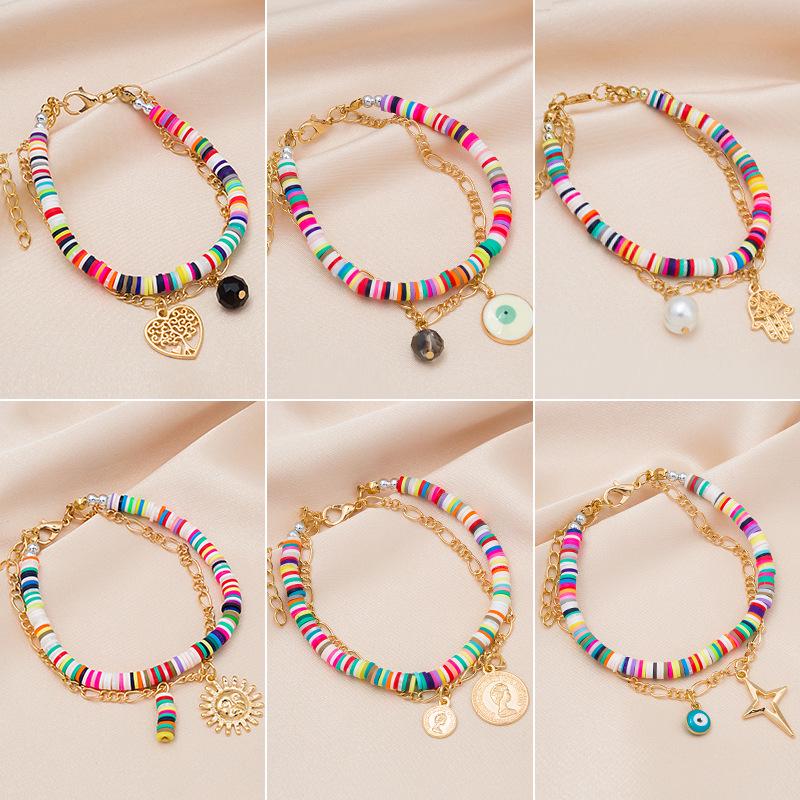 Beach Bohemian Multi-Layer Bracelet: Colorful Polymer Clay with Coin, Sun, and Eye Charms
