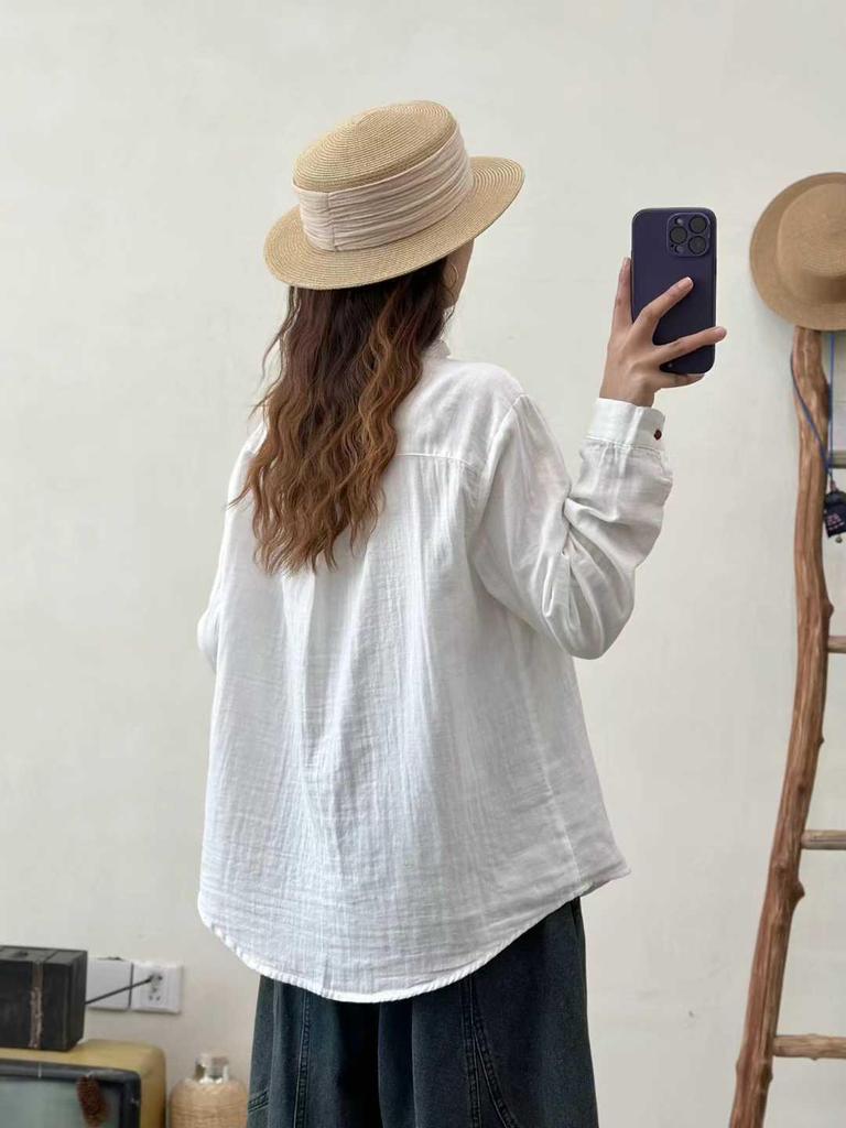 Women's Double-Layer Gauze Cotton Ruffle Stand Collar Long Sleeve Shirt - Early Spring Solid Color Versatile Layering