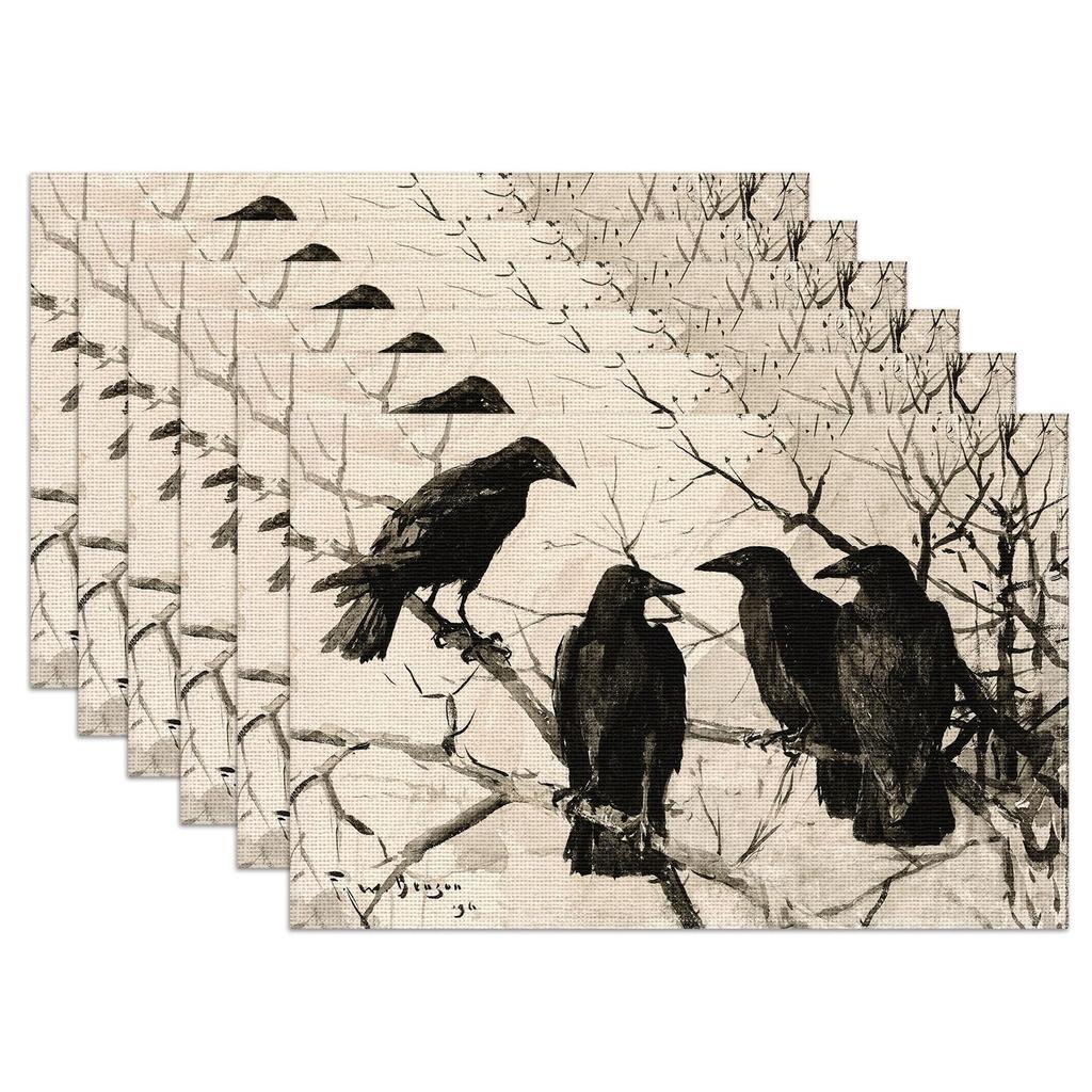 Spring Blue Leaves Placemats Set of 6,12x18 Inch Eucalyptus Leaves Linen Place Mat Washable Stain Resistant Table Mats