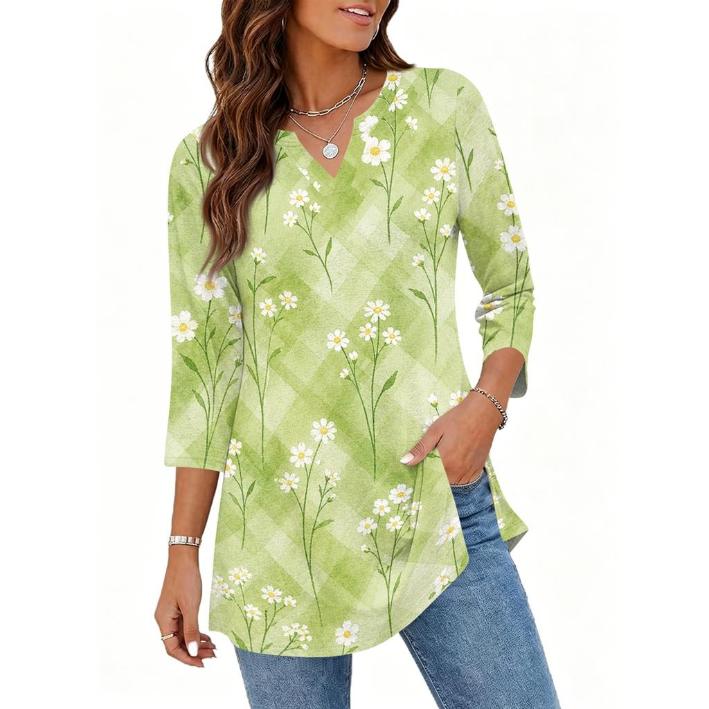 Womens Casual V Neck 3/4 Sleeve Pullover Tunic Top Floral Print Mid Length Blouse Lightweight Comfortable Fit