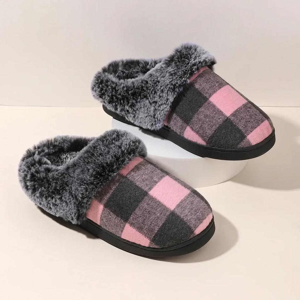 Women Cotton Slippers  New Plush Fluffy Slippers Indoor Home Floor Non-slip Warm Thick Soled Lattice Slippers Chanclas Mujer
