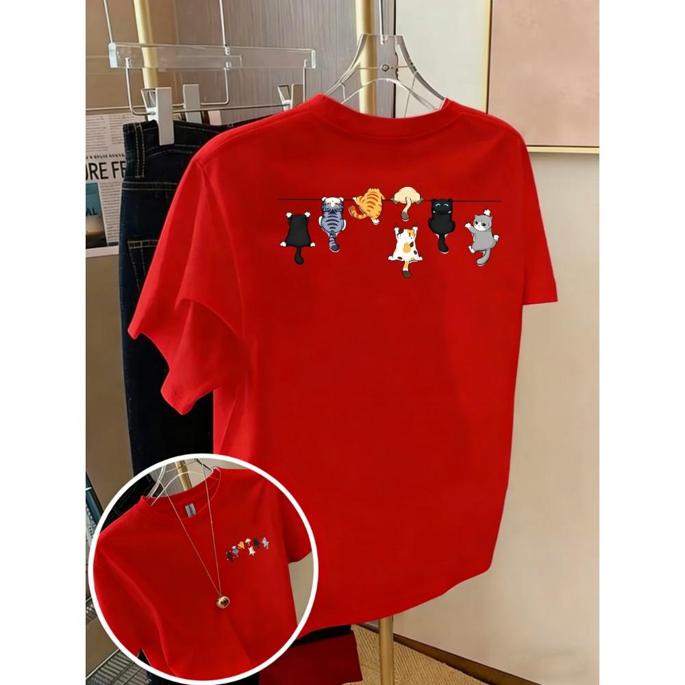 Cartoons Cats Prints T-Shirts Summer Womens Cotton T Shirts Basic O-Neck Oversized Short Sleeve Tops Casual Street Woman Clothes