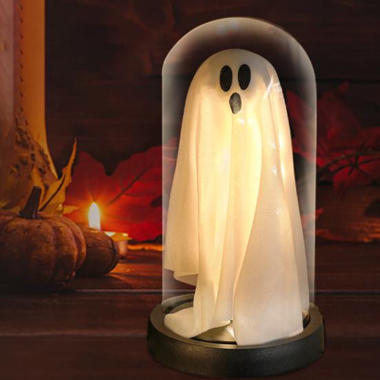 LED Ghost Decoration Halloween Indoor Light Up Ghost in Glass Cloche for Home Kitchen Mantel Tabletop Decor