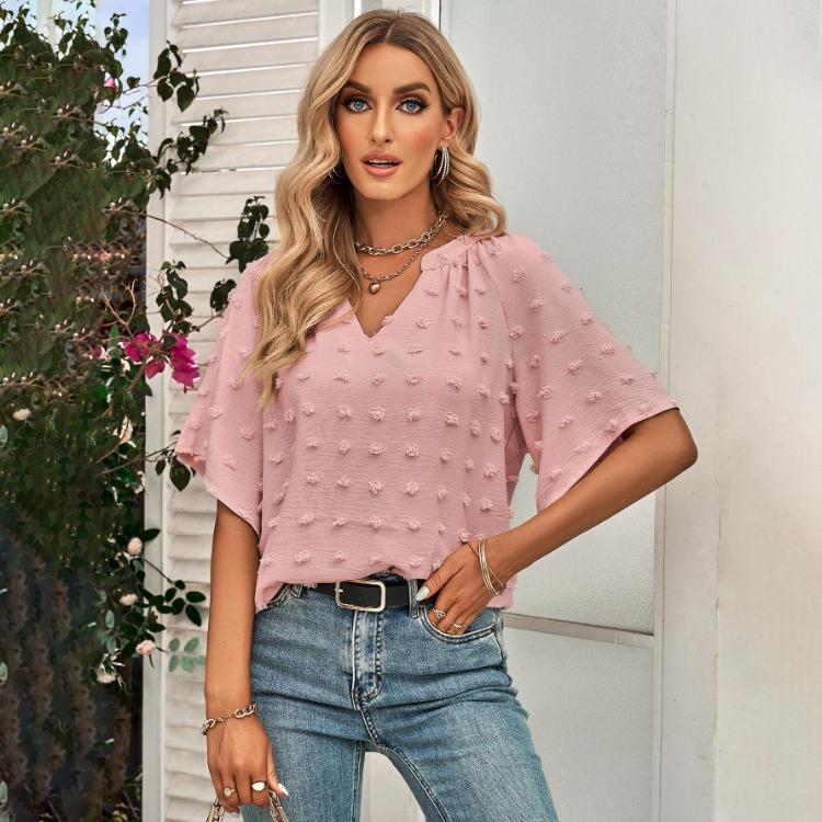 Top Pullover Casual da Donna a Manica Corta con Scollo a V e Vestibilità Ampia, Blusa Monocromatica, Camicia a Mezza Manica, Primavera Estate S-XL