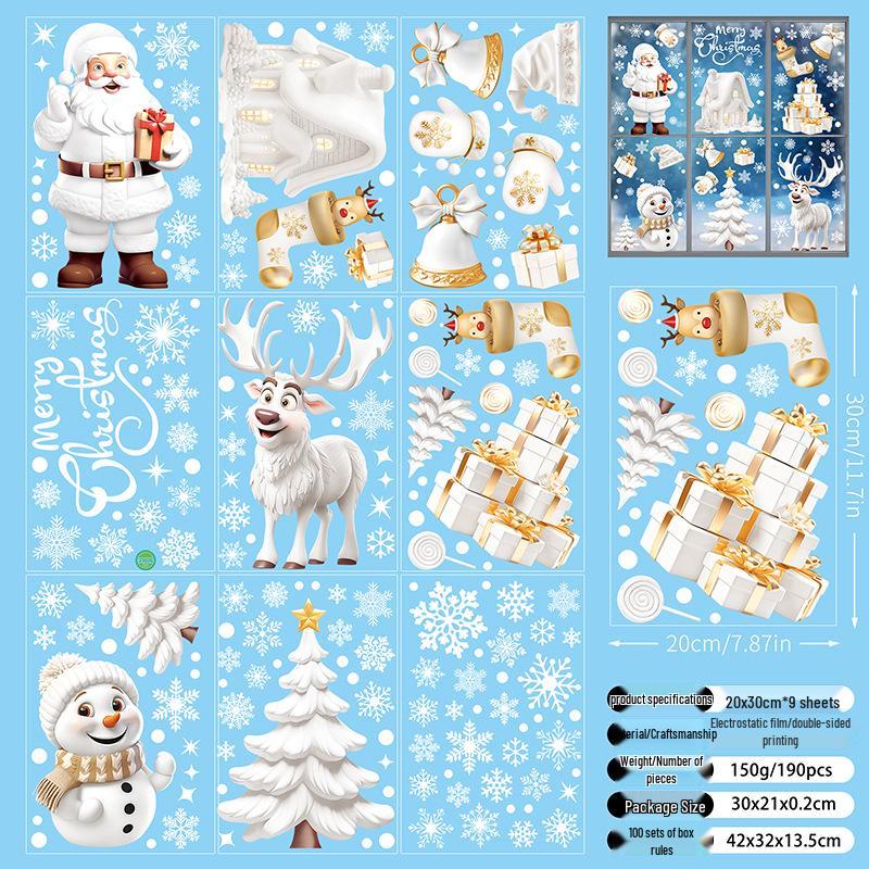 Christmas Snowflake and Reindeer Wall & Window Stickers - Static Santa Claus Decor for Refrigerator and Shops