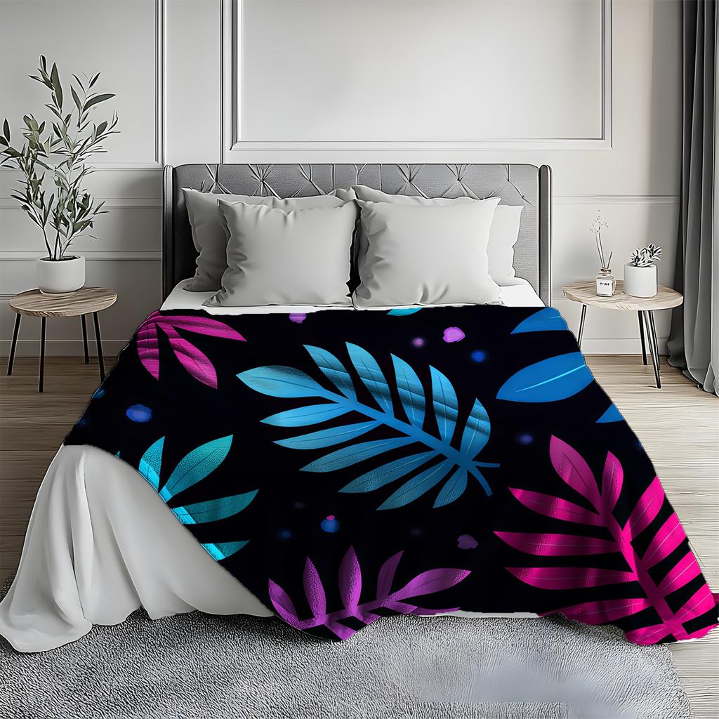 1pc Zeal Lily Flannel Blanket - Soft Warm Throw with Blue & Pink Tropical-like Leaves On Black Background, All-Season Luxury Bed