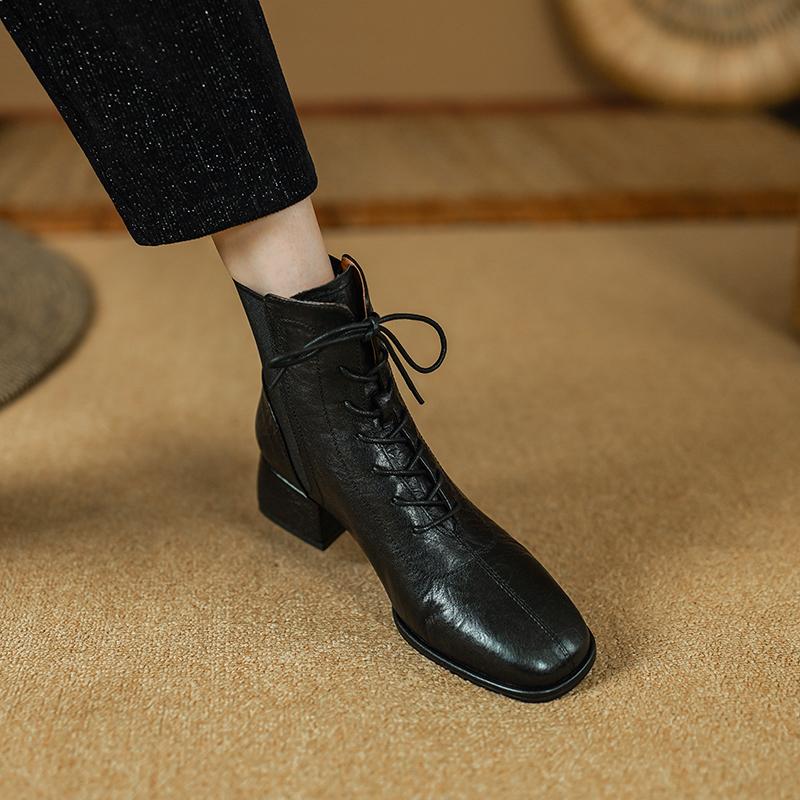 NEW Autumn Women Boots Genuine Leather Shoes for Women Round Toe Chunky Heel Boots Women Lace-up Ankle Boots Low Heel Lady Shoes