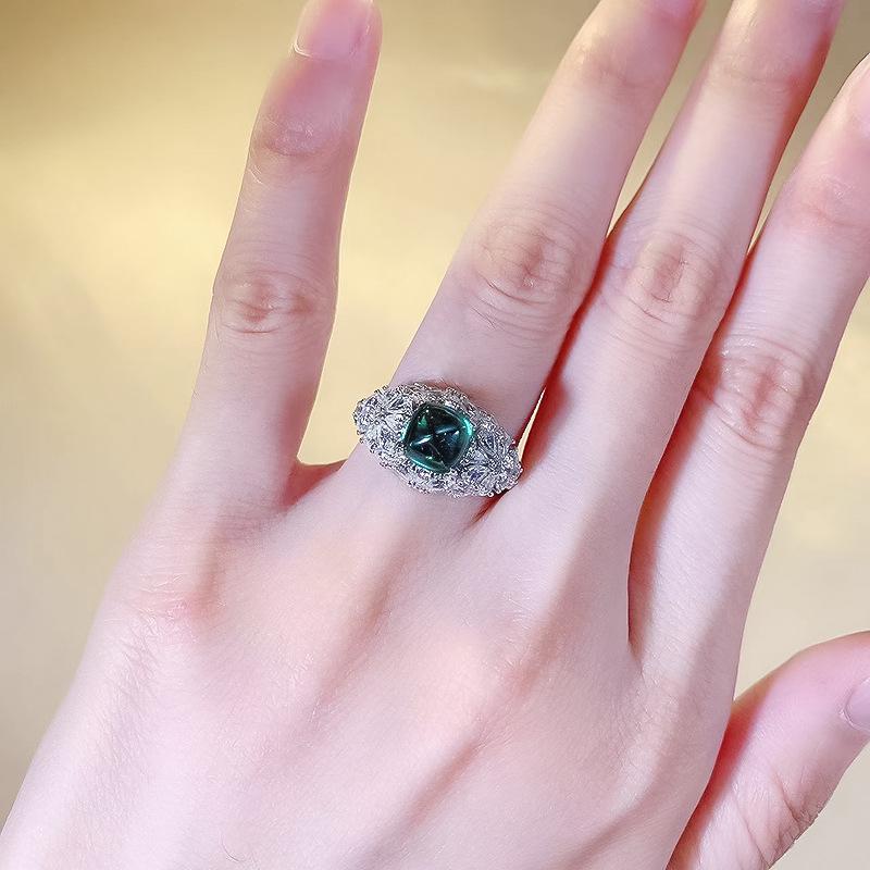 Luoxi Temple 2023 S925 Silver Simulated Emerald Cut Sugar Tower Ring