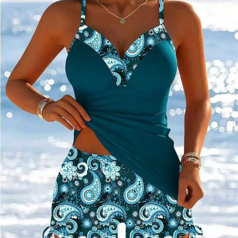 European and American Split Swimsuit Women's New Printed Suspender Conservative Swimsuit Thin and Meat-covered Quick-drying Swimsuit