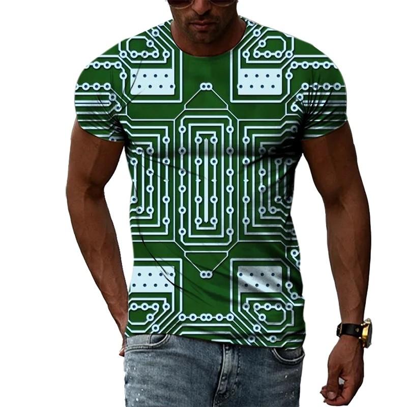 Summer Round Neck 3D Circuit Board Print T-shirts Fashionable Casual Short Sleeved Men's T-shirts