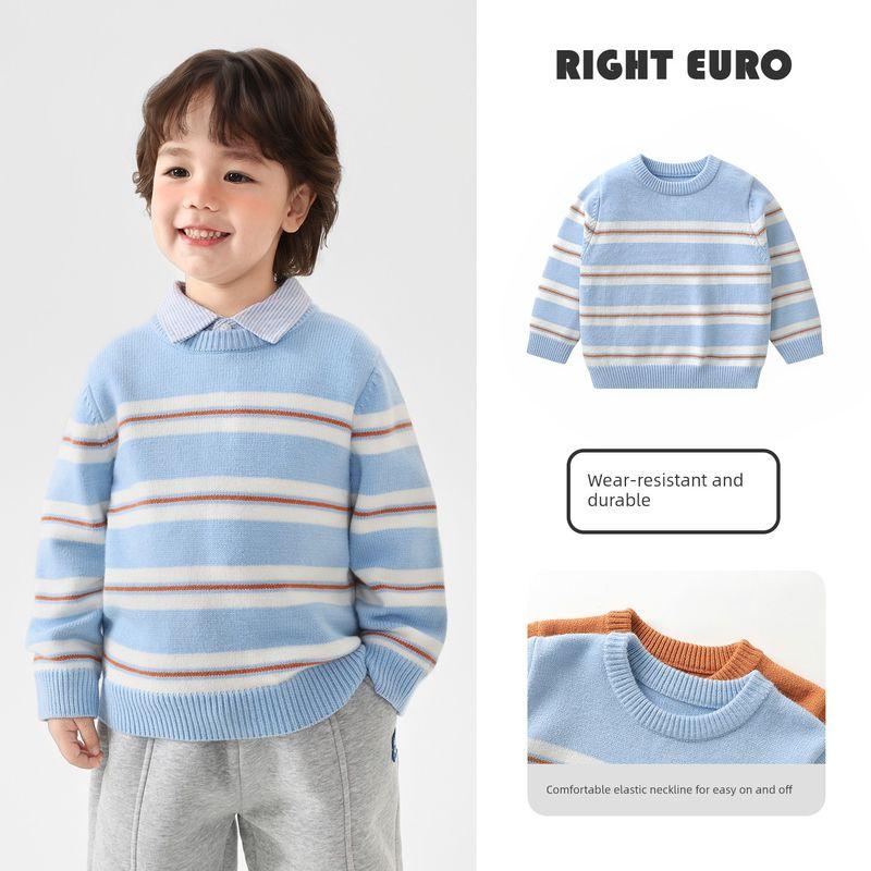 Right European Style Boys' Winter Casual Round-Neck Striped Sweater 2025 Winter New Knit Top Children's Clothing