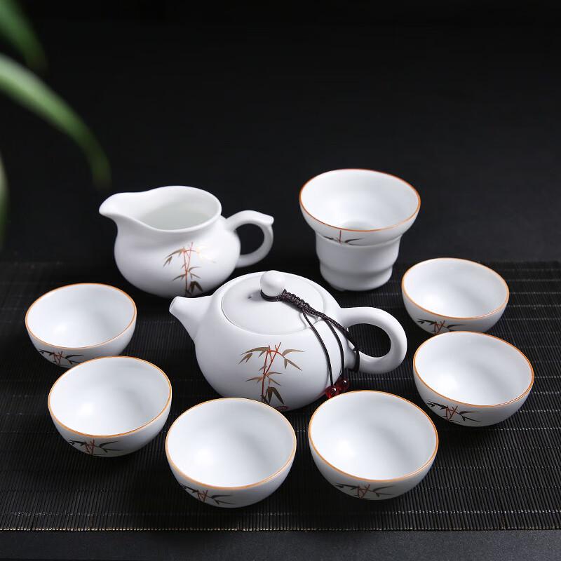 White Ceramic Kung Fu Tea Set with Bamboo Leaf Design
