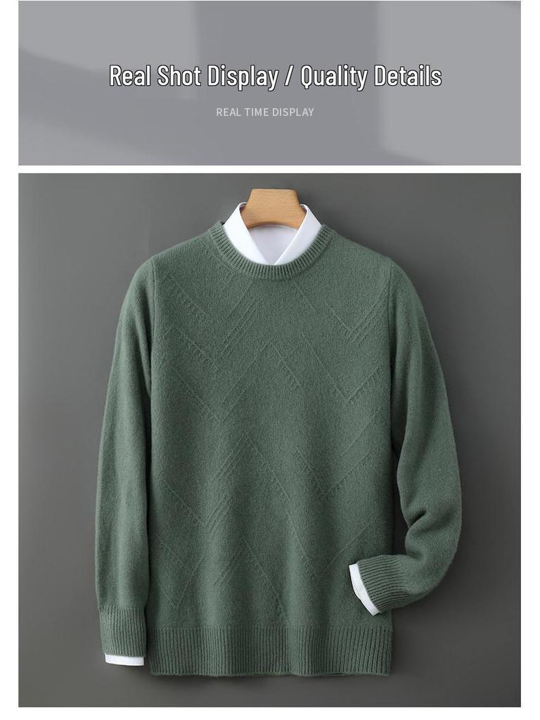 Men's Diamond Jacquard Pure Wool Pullover - Thick, Soft, and Smooth Round Neck Sweater for Autumn/Winter 2025.