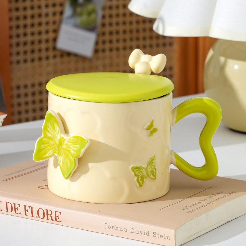Embossed Butterfly High Looking Office Souvenir Ceramic Cup with Lid Mug  Couple Water Cup