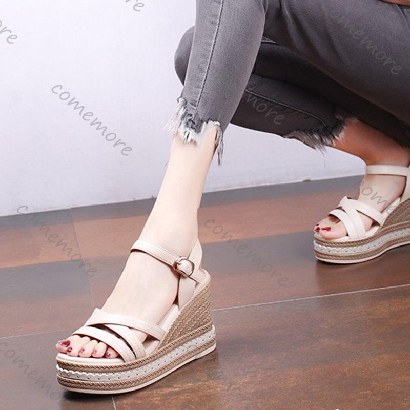 Fashion Comemore Wedges Sandals for Women 2025 Summer Platform 9cm High Heels Roman Style Black Peep Toe Casual Heeled Sandales Femmes