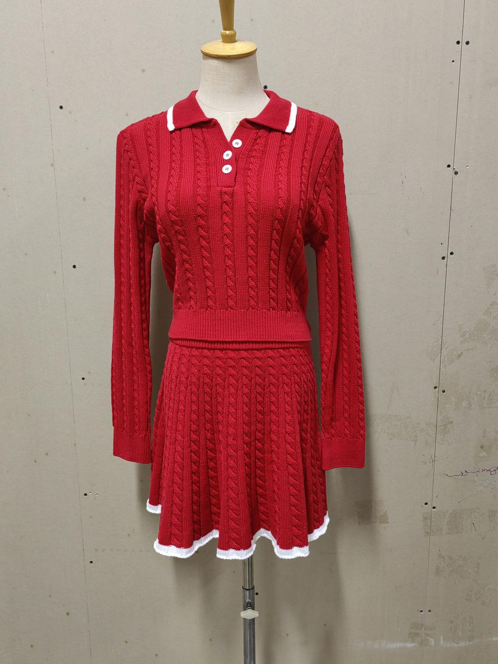 

Женский вязаный кардиган на пуговицах-жемчужинах с юбкой с белой отделкой, элегантный наряд для повседневной носки One Size красный