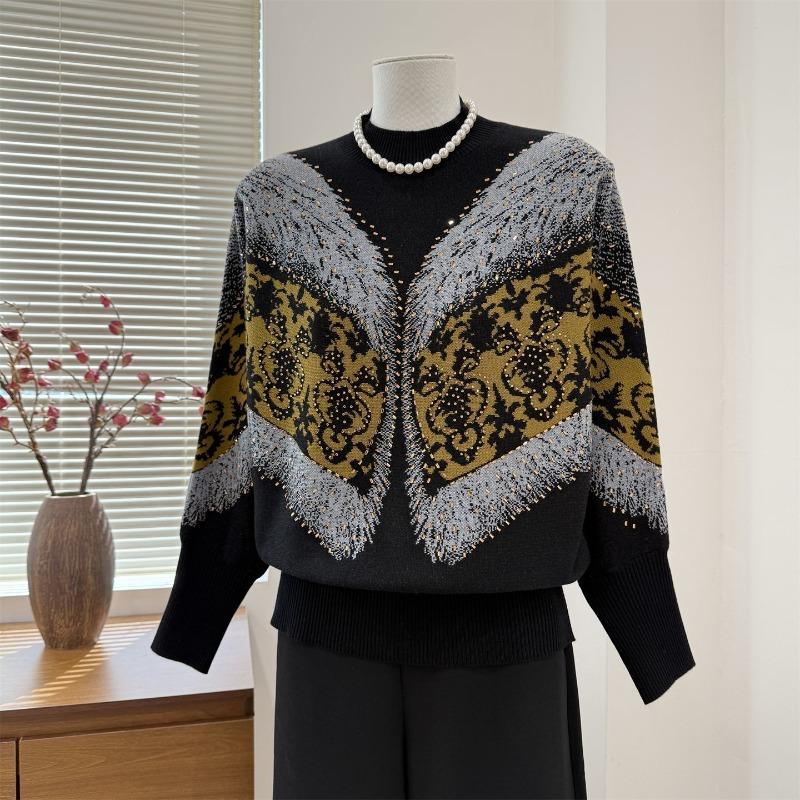 Ladies Retro Floral Knitwear Contrast Color Casual Elegant Pullover Sweater